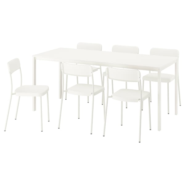 Um conjunto de jantar VIHALS branco com uma mesa retangular e quatro cadeiras empilháveis. Design moderno, durável, fácil de limpar.