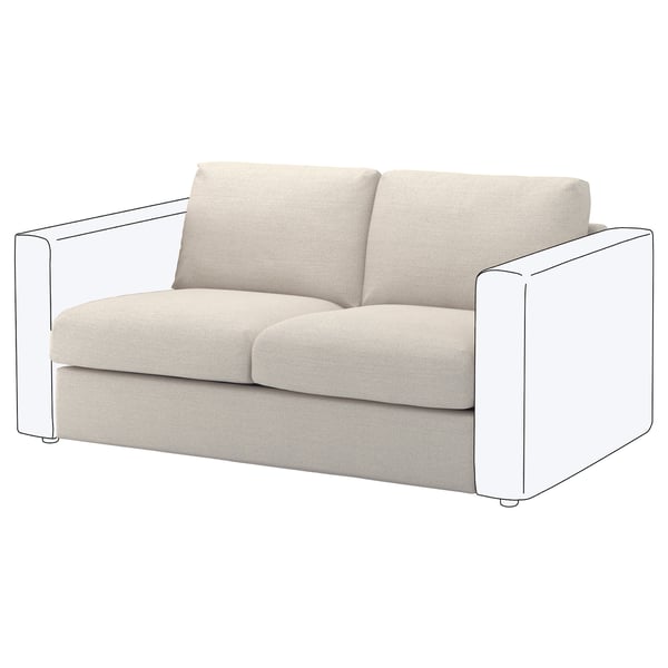 Sofá bege moderno, VIMLE, assente sobre quatro pernas, com linhas limpas e almofadas quadradas.