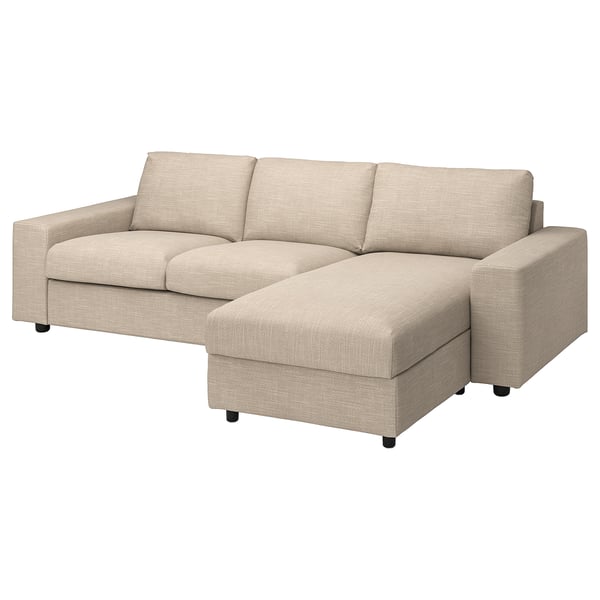 Um sofá secional VIMLE bege com uma chaise longue à direita, com um design moderno e limpo.