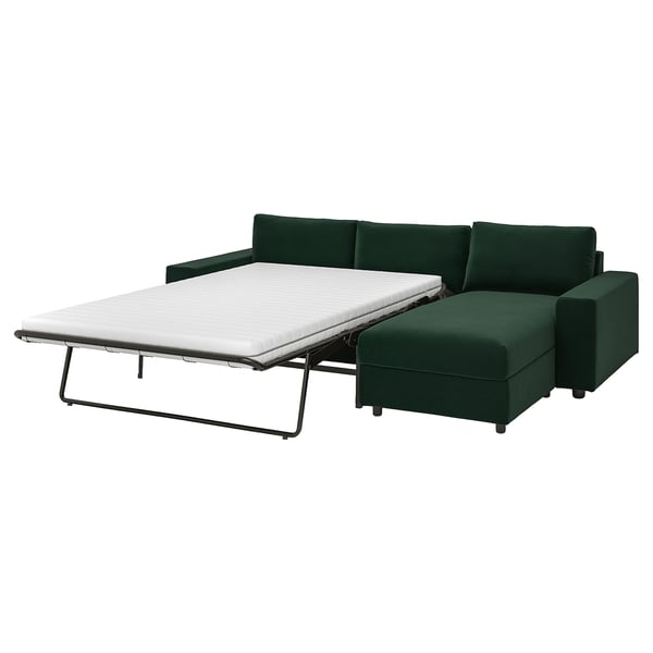 Sofá-cama Emerald VIMLE de design moderno, verde com pernas de metal.