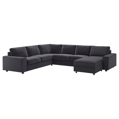Sofá seccional VIMLE cinza escuro, formato em l, veludo e espuma, design moderno.