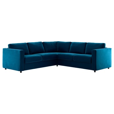 Sofá de canto LIMLE, azul-petróleo, veludo, forma seccional, design moderno.