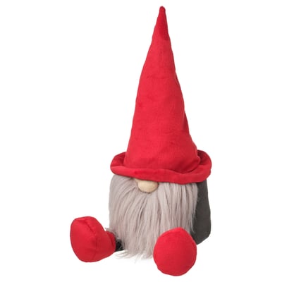 Brinquedo gnomo vermelho com barba grisalha, corpo preto, sentado, feito de poliéster reciclado.