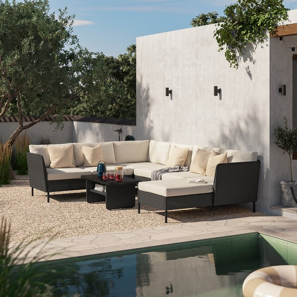 VITTSKÄR Conj. 5 lugares, exterior, c/chaise longue/rota de plástico em cinzento escuro Frösön/Duvholmen bege