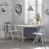 KALLHÄLL Gateleg table with storage, white/light grey, 33/89/145x98 cm