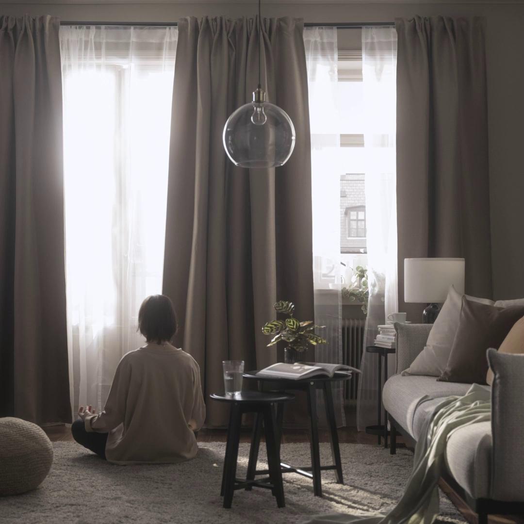 VILBORG room darkening curtains, 1 pair, dark gray-beige/with