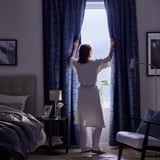 LÖNNSTÄVMAL Block-out curtains, 1 pair, blue/with heading tape, 145x300 cm