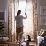 MAJSMOTT Curtains, 1 pair, beige/white/with heading tape, 145x300 cm