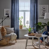 TRYSTÄVMAL Curtains, 1 pair, dark blue/white/floral pattern with heading tape, 145x300 cm