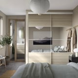 SKYTTA / AURDAL Walk-in wardrobe with sliding doors, white Mehamn/Auli/white stained oak effect mirror glass, 79 1/2x45 1/4x94 1/2 "