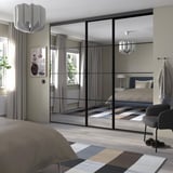 SKYTTA / PAX Cabina armadio con ante scorrevoli, nero/Auli vetro a specchio, 276x160x240 cm