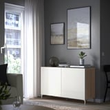 BESTÅ Storage combination with doors, white stained oak effect/Selsviken high-gloss/white, 47 1/4x16 1/2x29 1/8 "
