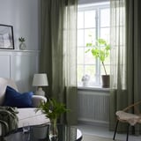 DYTÅG Curtains, 1 pair, grey-green/with heading tape, 145x300 cm