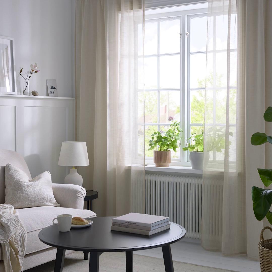 HÄLLEBRÄCKA sheer curtains, 1 pair, light beige/with heading tape