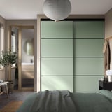 SKYTTA / BOAXEL Reach-in wardrobe with sliding door, black metal/Mehamn light green, 202x65x240 cm