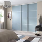 SKYTTA / PAX Walk-in wardrobe with sliding doors, white double sided/Mehamn light blue, 276x160x240 cm