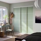 SKYTTA / PAX Walk-in wardrobe with sliding doors, white double sided/Mehamn light green, 226x160x240 cm