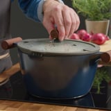 KLIPPFISK Pot with lid, non-stick coating glass/wood black-blue, 5 l