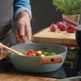 KLIPPFISK Sauté pan with lid, non-stick coating glass/wood gray-turquoise, 24 cm