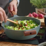 KLIPPFISK Sauté pan with lid, non-stick coating glass/wood grey-turquoise, 28 cm