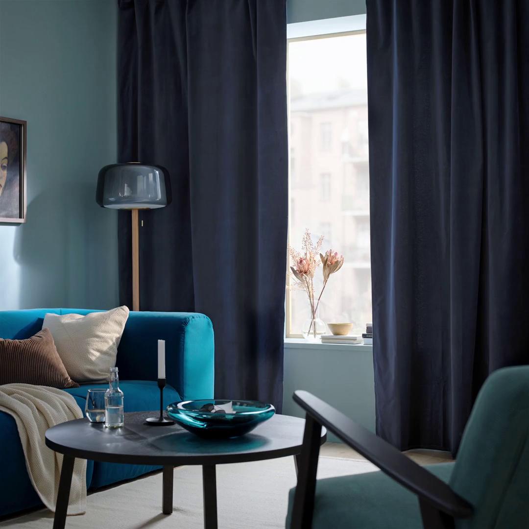 SANELA サネーラ 遮像・採光カーテン 1組, ダークブルー/ヘディング