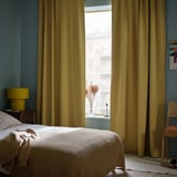 MAJGULL Room darkening curtains, 1 pair, beige-yellow/with heading tape, 145x300 cm