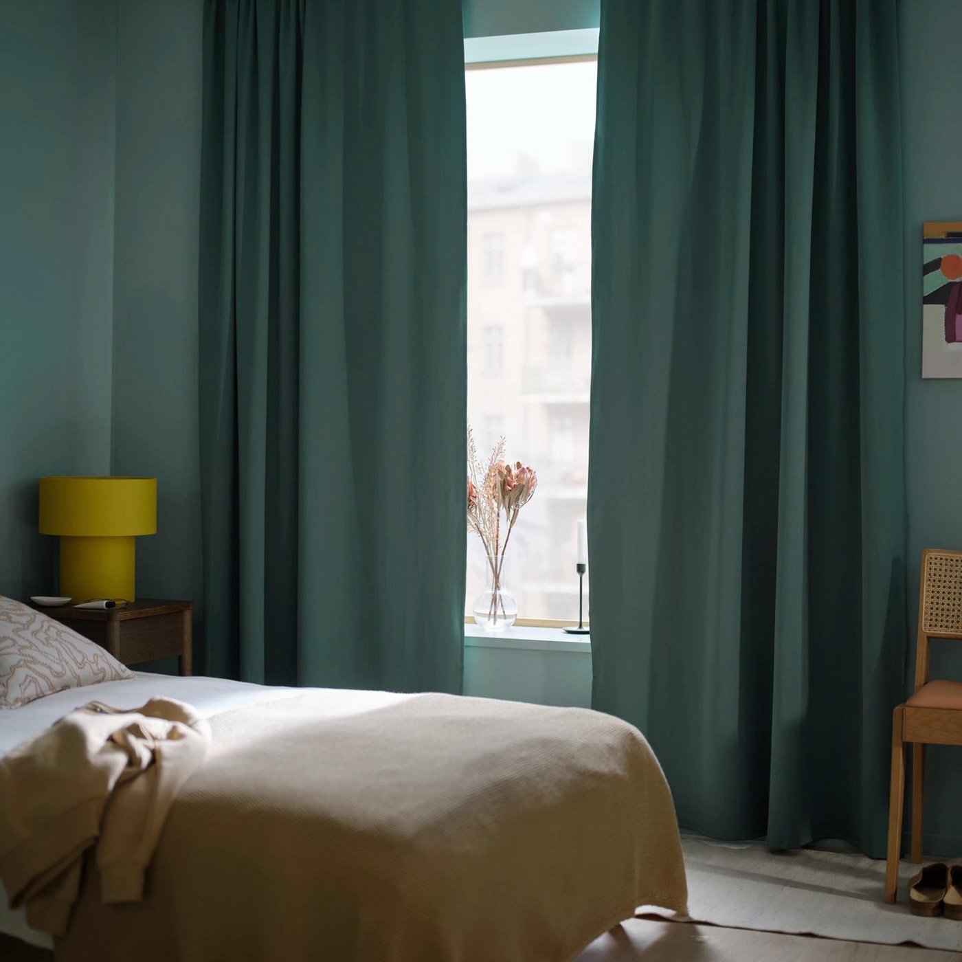MAJGULL room darkening curtains, 1 pair, dark gray-turquoise/with