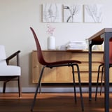 SKÅLSTA Table and 4 chairs, walnut effect straight black-grey/plastic red tubular metal/black-grey, 140x80 cm