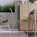 SKÅLSTA Table and 4 chairs, oak effect straight light grey-beige/rattan tubular metal/light grey-beige, 140x80 cm