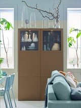 BESTÅ تشكيلة تخزين مع أبواب زجاجية, أسود-بني Lappviken/رمادي فاتح-بني زجاج شفاف, ‎120x42x193 سم‏