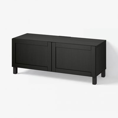 BESTÅ طاولة تلفزيون مع أبواب, أسود-بني/Hanviken/Stubbarp أسود-بني, ‎120x42x48 سم‏