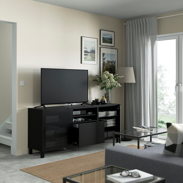 BESTÅ طاولة تلفزيون مع أدراج, أسود-بني Mörtviken/Lappviken/Stubbarp أسود, 180x42x74 سم