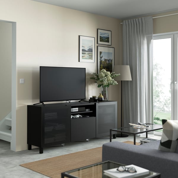 BESTÅ طاولة تلفزيون مع أدراج, أسود-بني Mörtviken/Lappviken/Stubbarp أسود, 180x42x74 سم