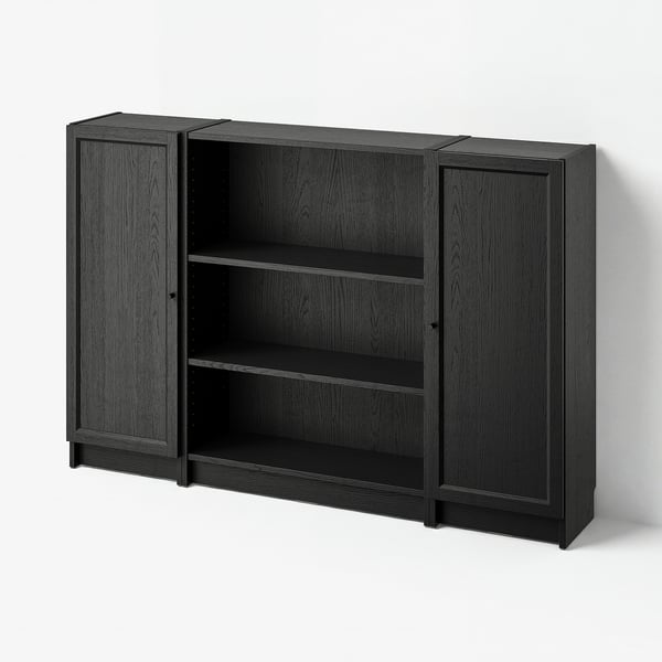 BILLY / OXBERG تشكيلة مكتبة مع أبواب, أسود شكل السنديان, 160x106 سم