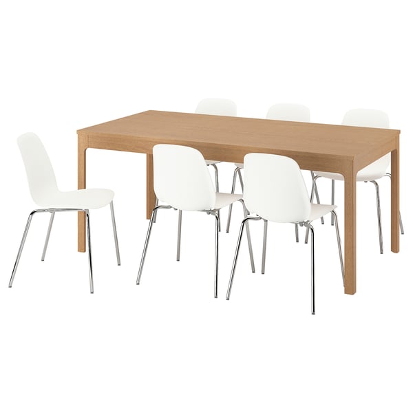 EKEDALEN / LIDÅS طاولة و 6 كراسي, سنديان/أبيض طلاء كروم, 180/240 سم