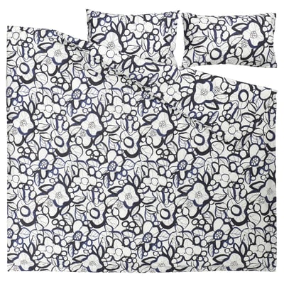 HÄRLIR غطاء لحاف و ٢ غطاء مخدة, أبيض أسود/أزرق نقش زهور, 240x220/50x80 سم