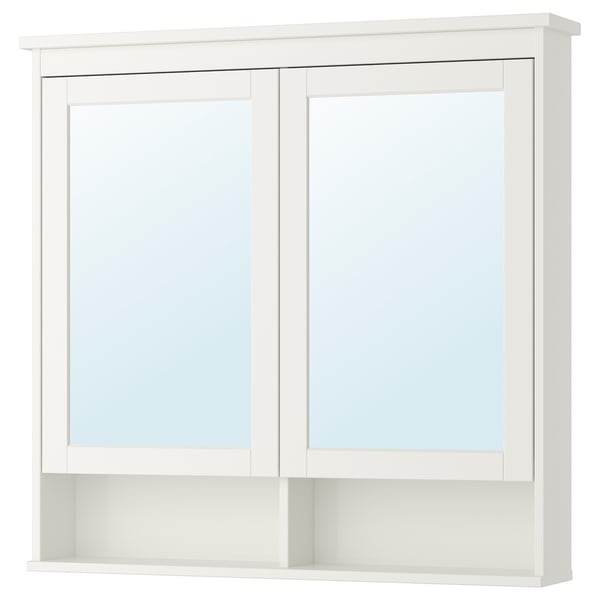 HEMNES خزانة بمرآة مع بابين, أبيض, ‎103x16x98 سم‏