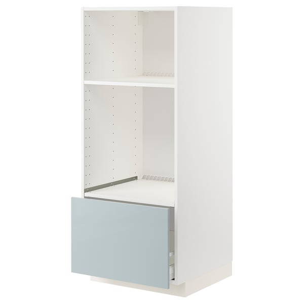 METOD / MAXIMERA خزانة عالية لفرن/ميكروويف مع درج, أبيض/Kallarp رمادي فاتح-أزرق, ‎60x60x140 سم‏