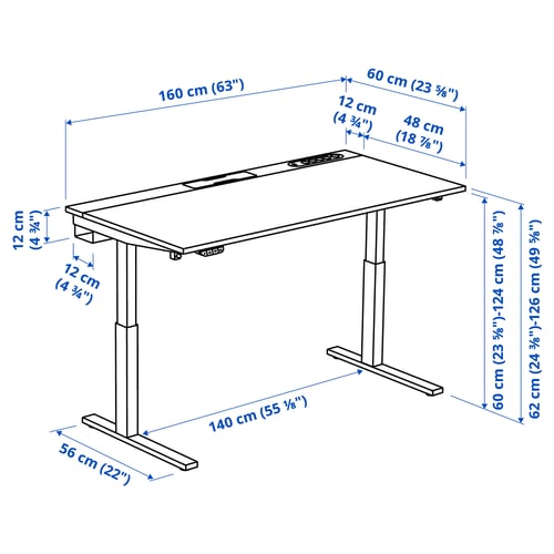 MITTZON مكتب متغيّر الارتفاع, كهربائي قشرة بتولا/أبيض, 160x60 سم