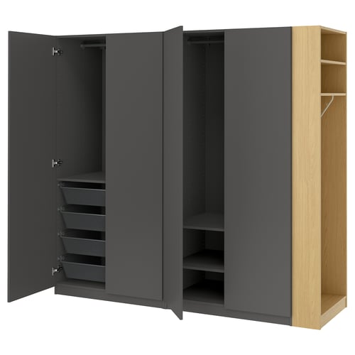 PAX / FORSAND تشكيلة دولاب ملابس., رمادي غامق رمادي غامق/شكل السنديان, 220x60x201 سم