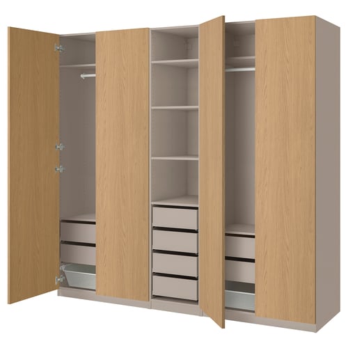 PAX / STORKLINTA تشكيلة دولاب ملابس., رمادي-بيج/شكل السنديان, 250x58x236 سم