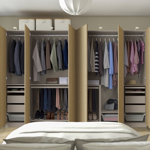 PAX / STORKLINTA تشكيلة دولاب ملابس., رمادي-بيج/شكل السنديان, ‎300x60x201 سم‏