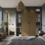 PAX / TONSTAD تشكيلة دولاب ملابس., رمادي غامق بني/قشرة سنديان مصبوغ زجاج, ‎200x60x236 سم‏