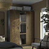 PAX / TONSTAD تشكيلة دولاب ملابس., رمادي غامق بني/قشرة سنديان مصبوغ زجاج, ‎150x60x201 سم‏