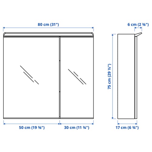 TREASJÖN خزانة بمرآة 2 باب/إضاءة مدمجة, 80x17x75 سم
