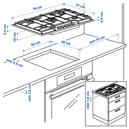 VASASTAN رأس طبخ غازي, IKEA 700 زجاج/أسود, 74 سم