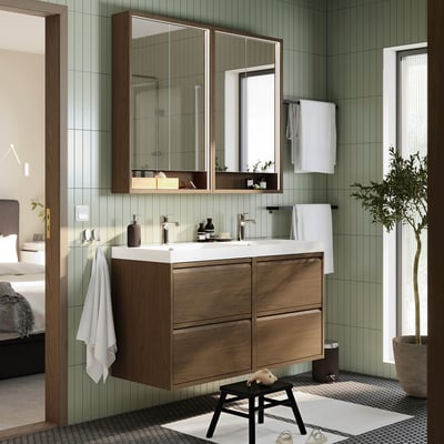 ÄNGSJÖN / BACKSJÖN Wash-stand/wash-basin/taps, brown oak effect, 120x49x69 cm