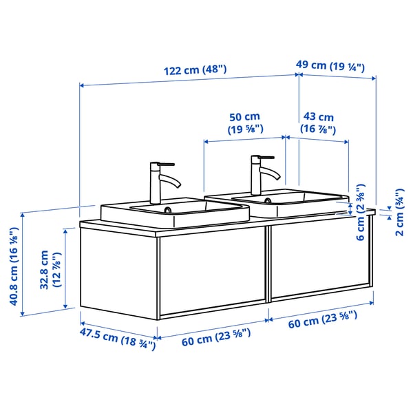 ÄNGSJÖN / BACKSJÖN Wash-stand/wash-basins/taps, high-gloss white/white marble effect, 122x49x41 cm