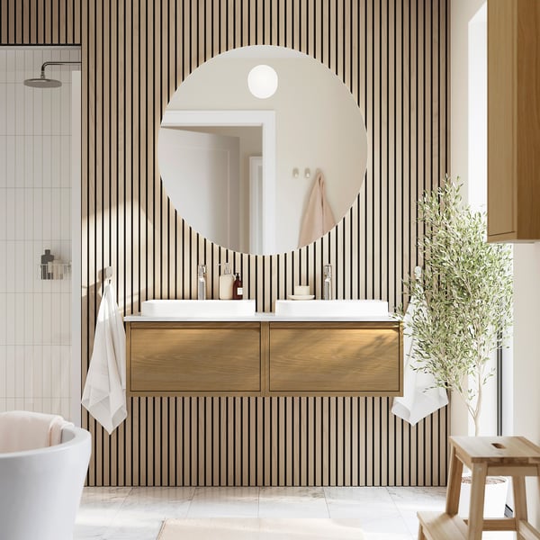 ÄNGSJÖN / BACKSJÖN Wash-stand/wash-basins/taps, oak effect/white marble effect, 122x49x41 cm