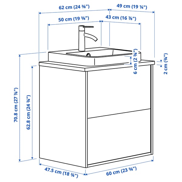 ÄNGSJÖN / BACKSJÖN Wash-stnd w drawers/wash-basin/tap, high-gloss white/white marble effect, 62x49x71 cm